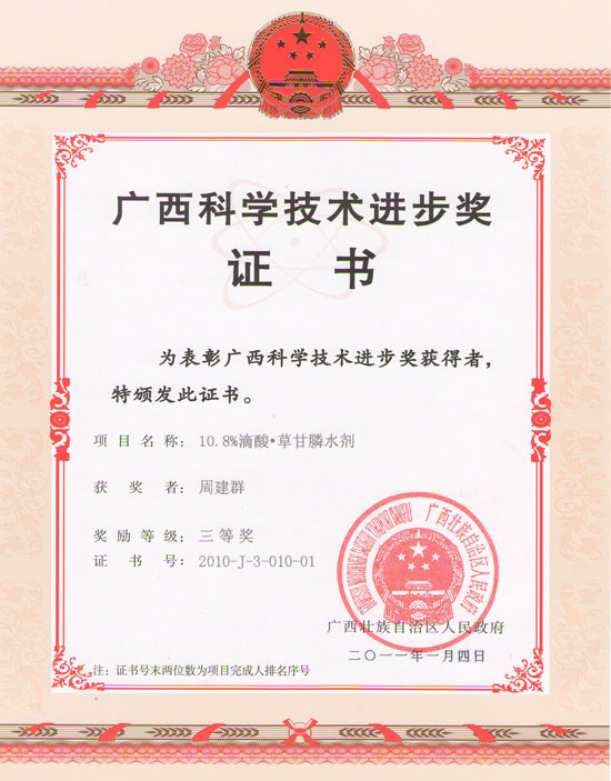 惠旺尔广西科学技术进步奖证书